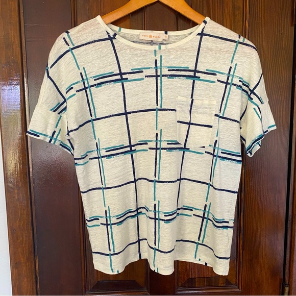 Tory Burch Tops - Like New! Tory Burch Linen Designer Plaid Print Pocket Tee, Ivory & Blue